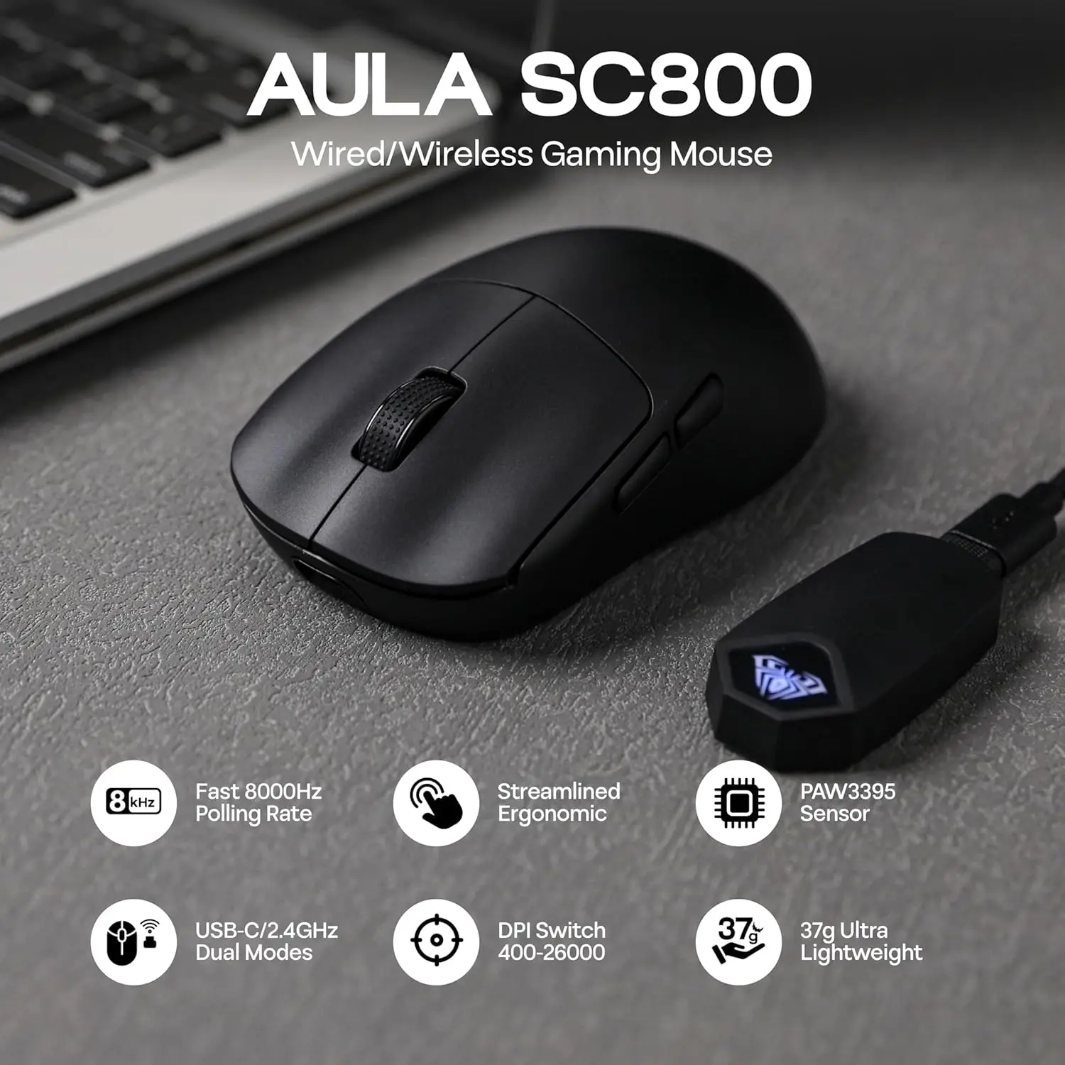 Gaming Hand Accessories - AULA SC800 Mouse Gaming USB-C Berkabel/2.4G